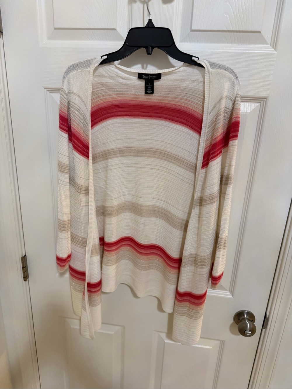 White House Black Market Cream Open-Front Cardigan with Red Stripes